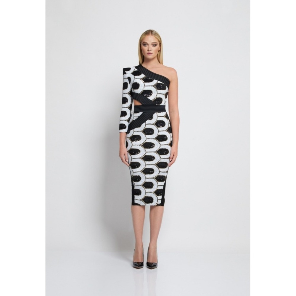 Zhivago Lythion One Shoulder Sequin Midi Dress Black White Gold US 8 NEW Party